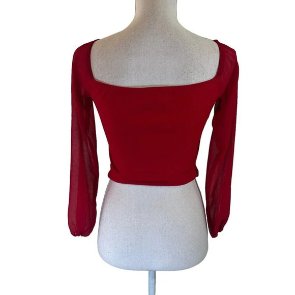 Windsor Cherry Red Blouse Pointed V Neck Chiffon Cropped Long Sleeves - Picture 3 of 6